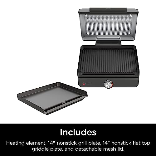 Ninja GR101 Sizzle Smokeless Indoor Grill & Griddle, 14'' Interchangeable Nonstick Plates, Dishwasher-Safe Removable Mesh Lid, 500F Max Heat, Even Edge-to-Edge Cooking, Grey/Silver