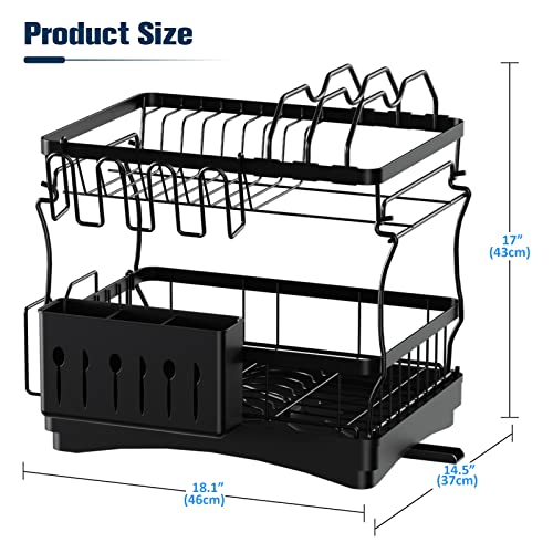 Aonee 2 Tier Dish Drying Rack with Drainboard, Cutlery Holder, Cutting-Board/ Cup Holder and 3 Hooks for Kitchen Counter, Rust-Proof Large Dish Drainer, Black