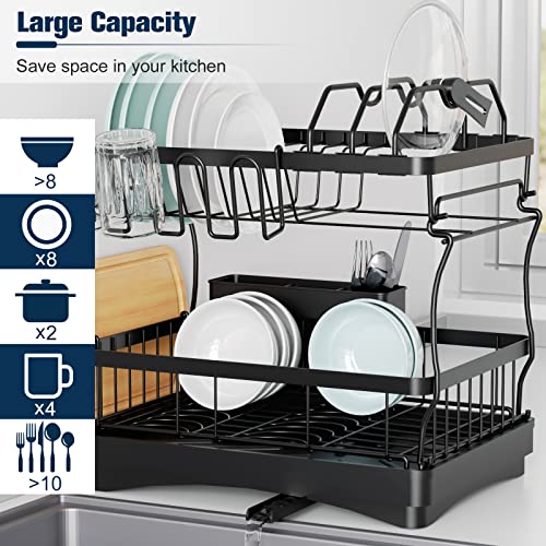 Aonee 2 Tier Dish Drying Rack with Drainboard, Cutlery Holder, Cutting-Board/ Cup Holder and 3 Hooks for Kitchen Counter, Rust-Proof Large Dish Drainer, Black