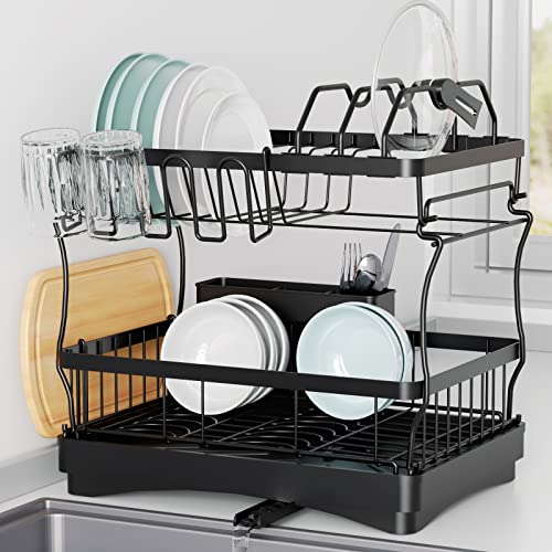 Aonee 2 Tier Dish Drying Rack with Drainboard, Cutlery Holder, Cutting-Board/ Cup Holder and 3 Hooks for Kitchen Counter, Rust-Proof Large Dish Drainer, Black