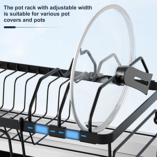 Aonee 2 Tier Dish Drying Rack with Drainboard, Cutlery Holder, Cutting-Board/ Cup Holder and 3 Hooks for Kitchen Counter, Rust-Proof Large Dish Drainer, Black