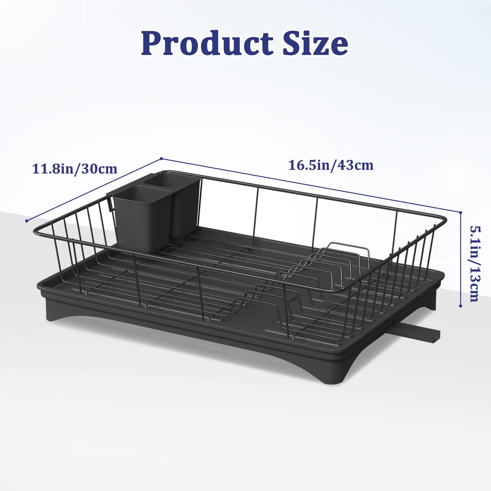 Aonee 2 Tier Dish Drying Rack with Drainboard, Cutlery Holder, Cutting-Board/ Cup Holder and 3 Hooks for Kitchen Counter, Rust-Proof Large Dish Drainer, Black