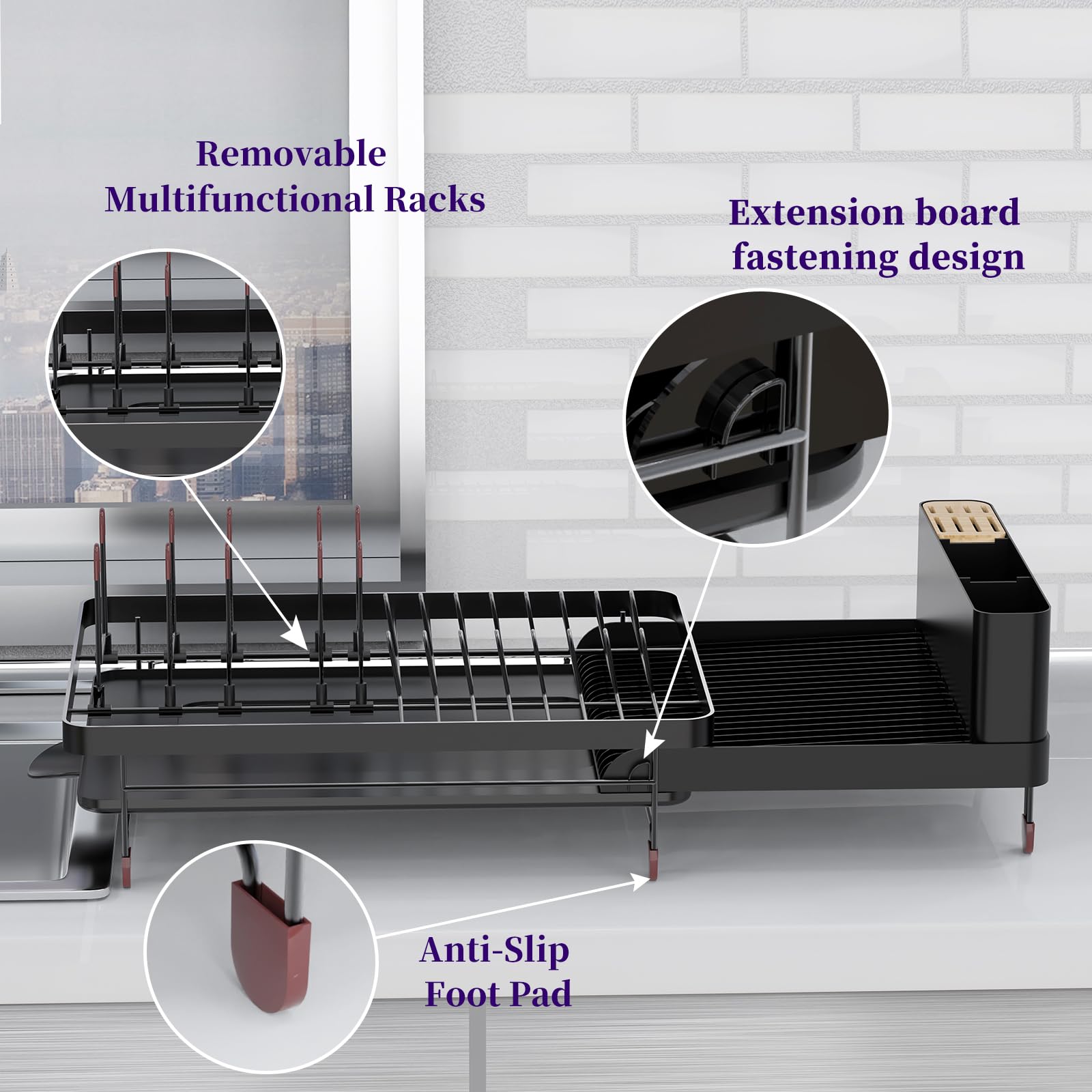 Aonee 2 Tier Dish Drying Rack with Drainboard, Cutlery Holder, Cutting-Board/ Cup Holder and 3 Hooks for Kitchen Counter, Rust-Proof Large Dish Drainer, Black