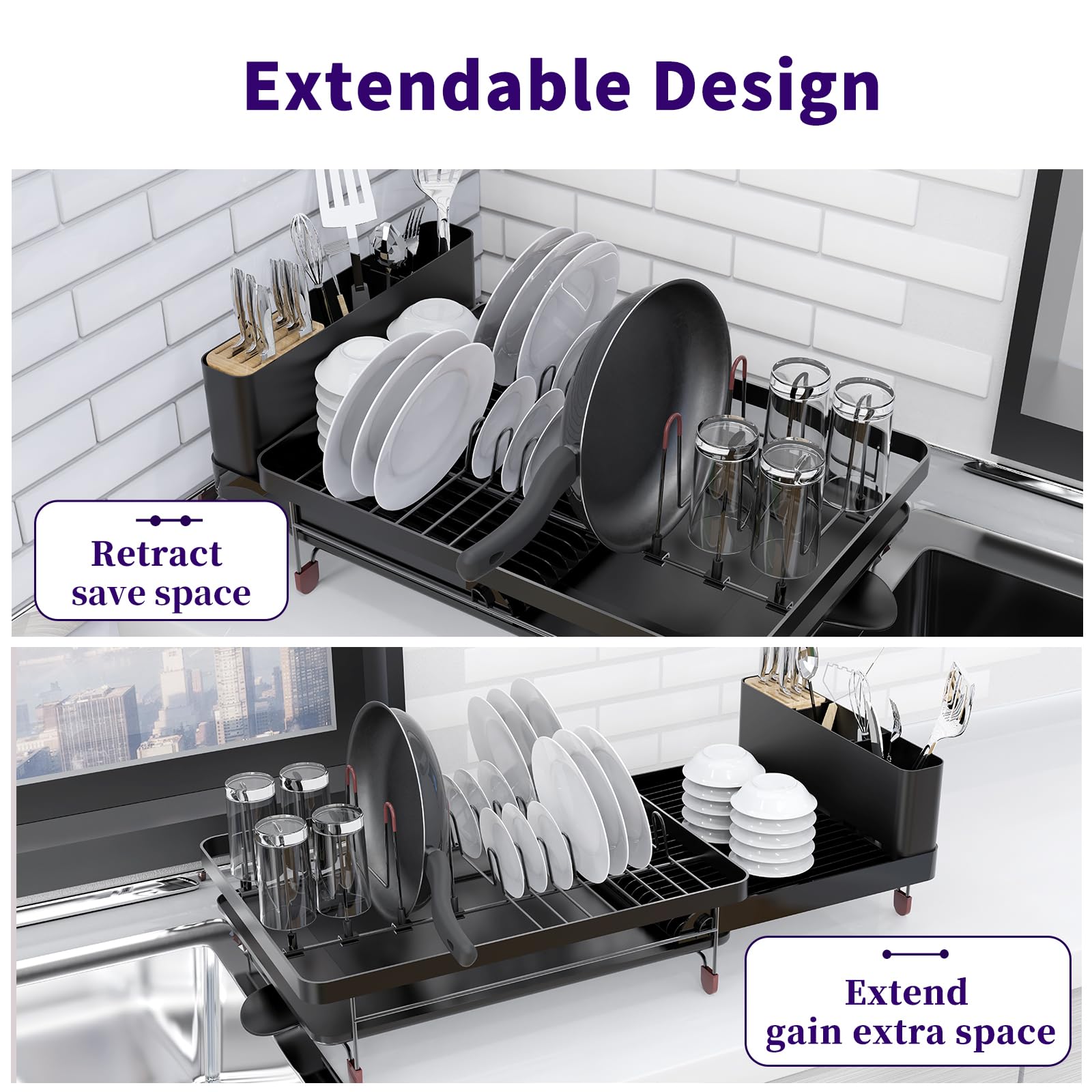 Aonee 2 Tier Dish Drying Rack with Drainboard, Cutlery Holder, Cutting-Board/ Cup Holder and 3 Hooks for Kitchen Counter, Rust-Proof Large Dish Drainer, Black