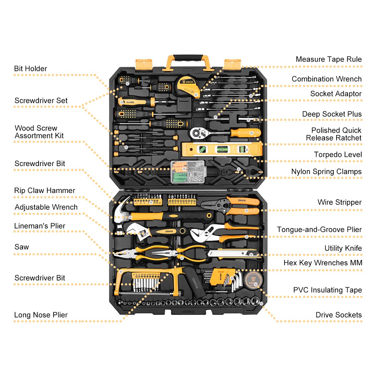 DEKOPRO 228 Piece Socket Wrench Auto Repair Tool Combination Package Mixed Tool Set Hand Tool Kit with Plastic Toolbox Storage Case