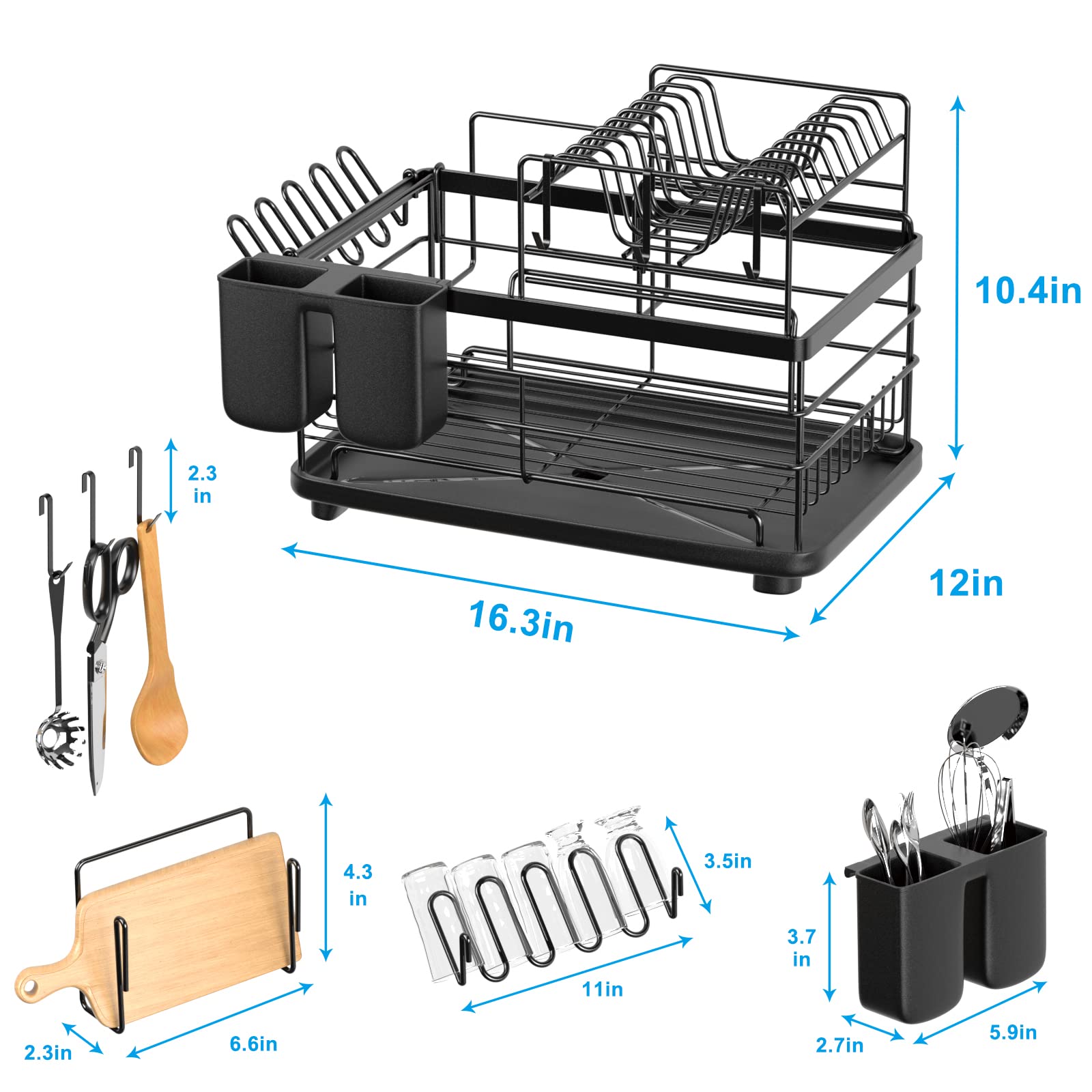 Aonee 2 Tier Dish Drying Rack with Drainboard, Cutlery Holder, Cutting-Board/ Cup Holder and 3 Hooks for Kitchen Counter, Rust-Proof Large Dish Drainer, Black