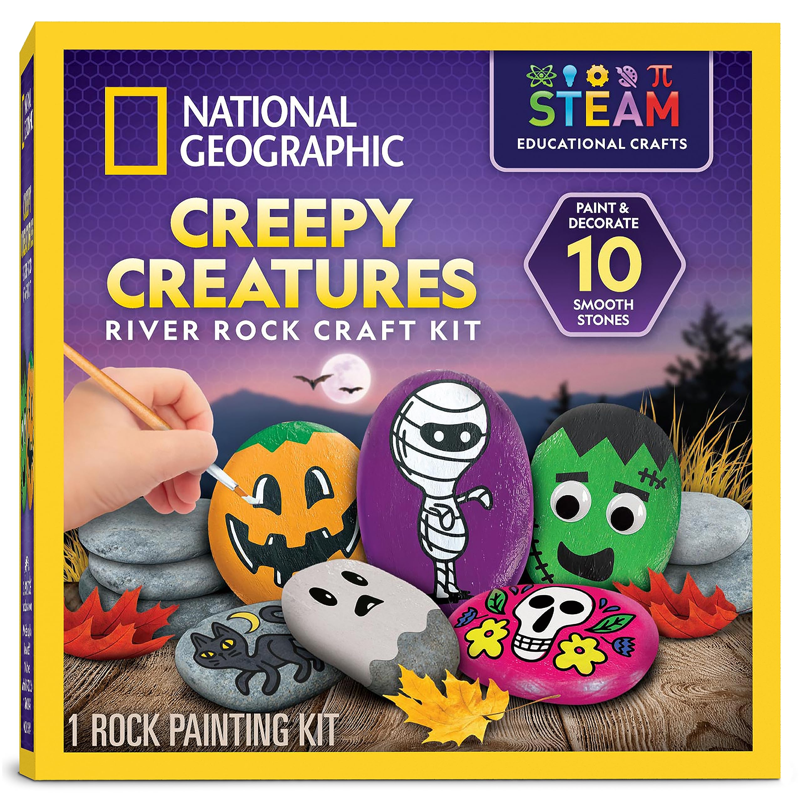 NATIONAL GEOGRAPHIC Glow in The Dark Rock Painting Kit - Crafts for Kids, Decorate 15 River Rocks with 15 Paint Colors & Art Supplies