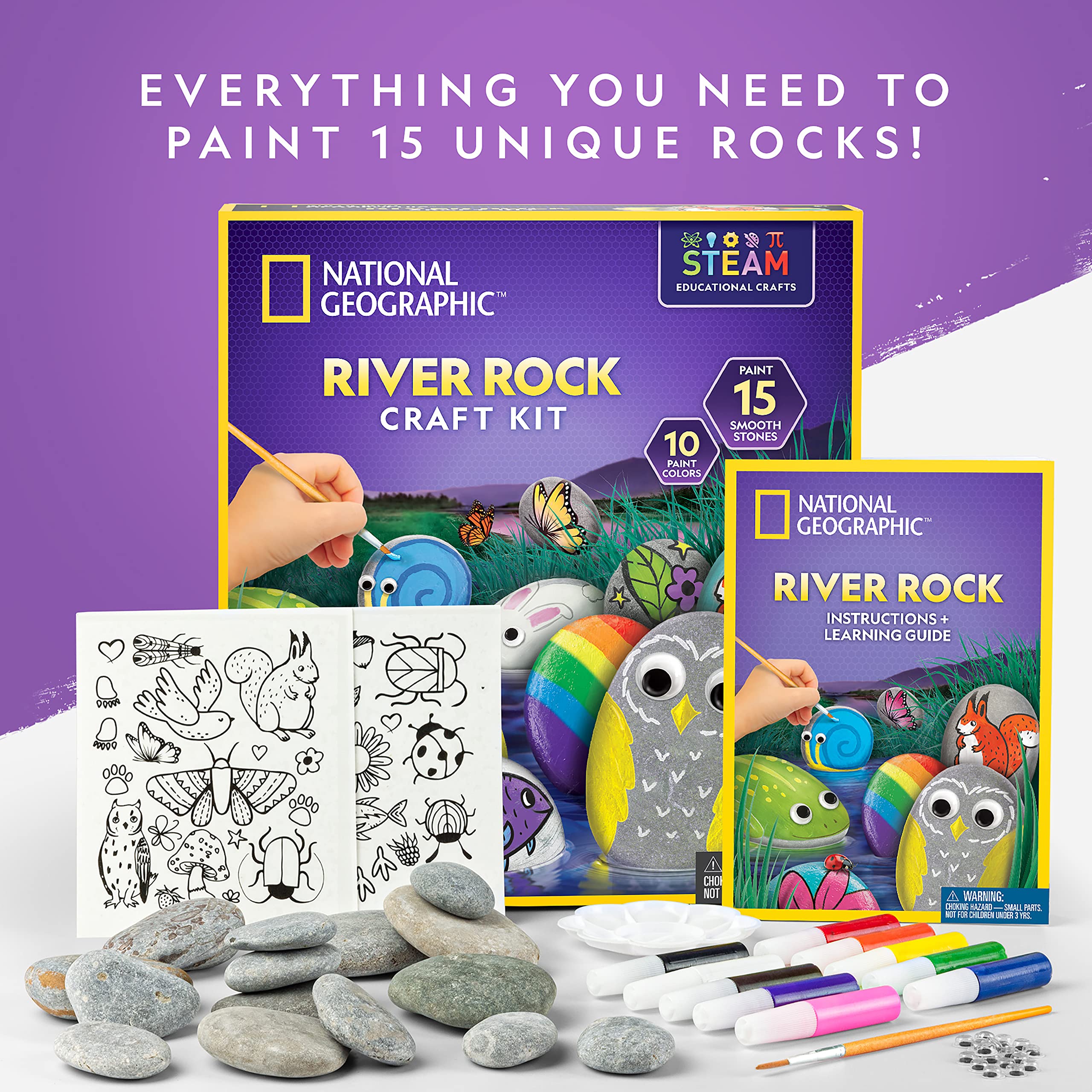 NATIONAL GEOGRAPHIC Glow in The Dark Rock Painting Kit - Crafts for Kids, Decorate 15 River Rocks with 15 Paint Colors & Art Supplies