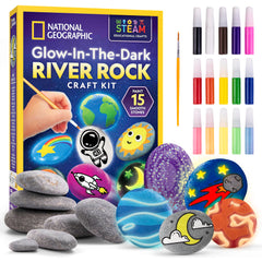 NATIONAL GEOGRAPHIC Glow in The Dark Rock Painting Kit - Crafts for Kids, Decorate 15 River Rocks with 15 Paint Colors & Art Supplies