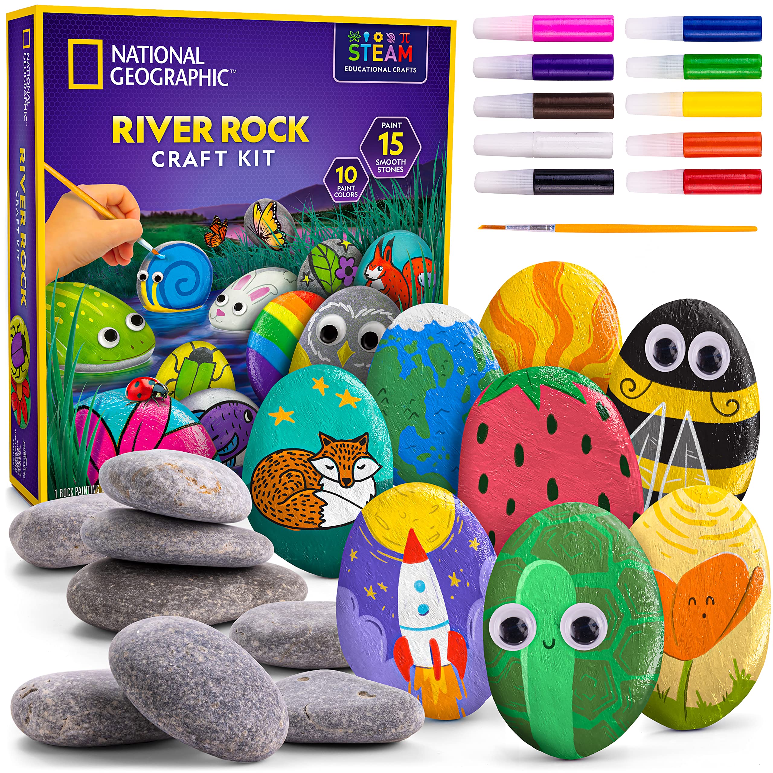 NATIONAL GEOGRAPHIC Glow in The Dark Rock Painting Kit - Crafts for Kids, Decorate 15 River Rocks with 15 Paint Colors & Art Supplies