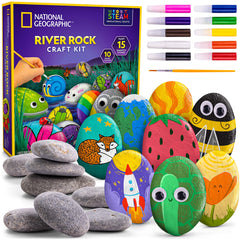 NATIONAL GEOGRAPHIC Glow in The Dark Rock Painting Kit - Crafts for Kids, Decorate 15 River Rocks with 15 Paint Colors & Art Supplies